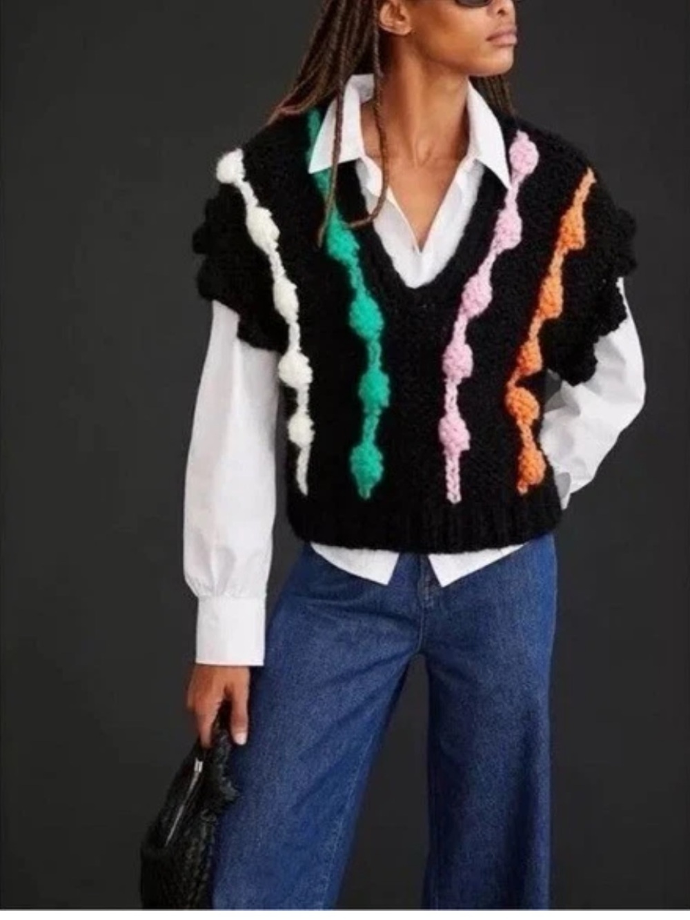 Anthropologie Maeve Chunky Black Bauble Knit Striped Sweater Vest OS